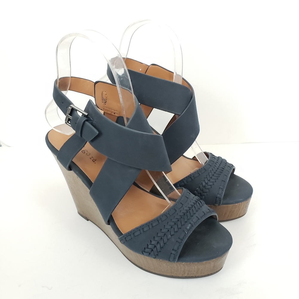 Indigo Road Blue Faux Wood Strappy Wedged Heels Size 6